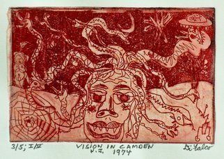 Jerry  Di Falco: 'VISION IN CAMDEN NEW JERSEY 1974', 2016 Etching, Humor. Aquatint, Drypoint, Intaglio, and Chine Colle. Oil- based, French, colored etching inks on white etching paper Rives BFK, France, with Thai mulberry bark overlay. This mixed technique etchingaEUR