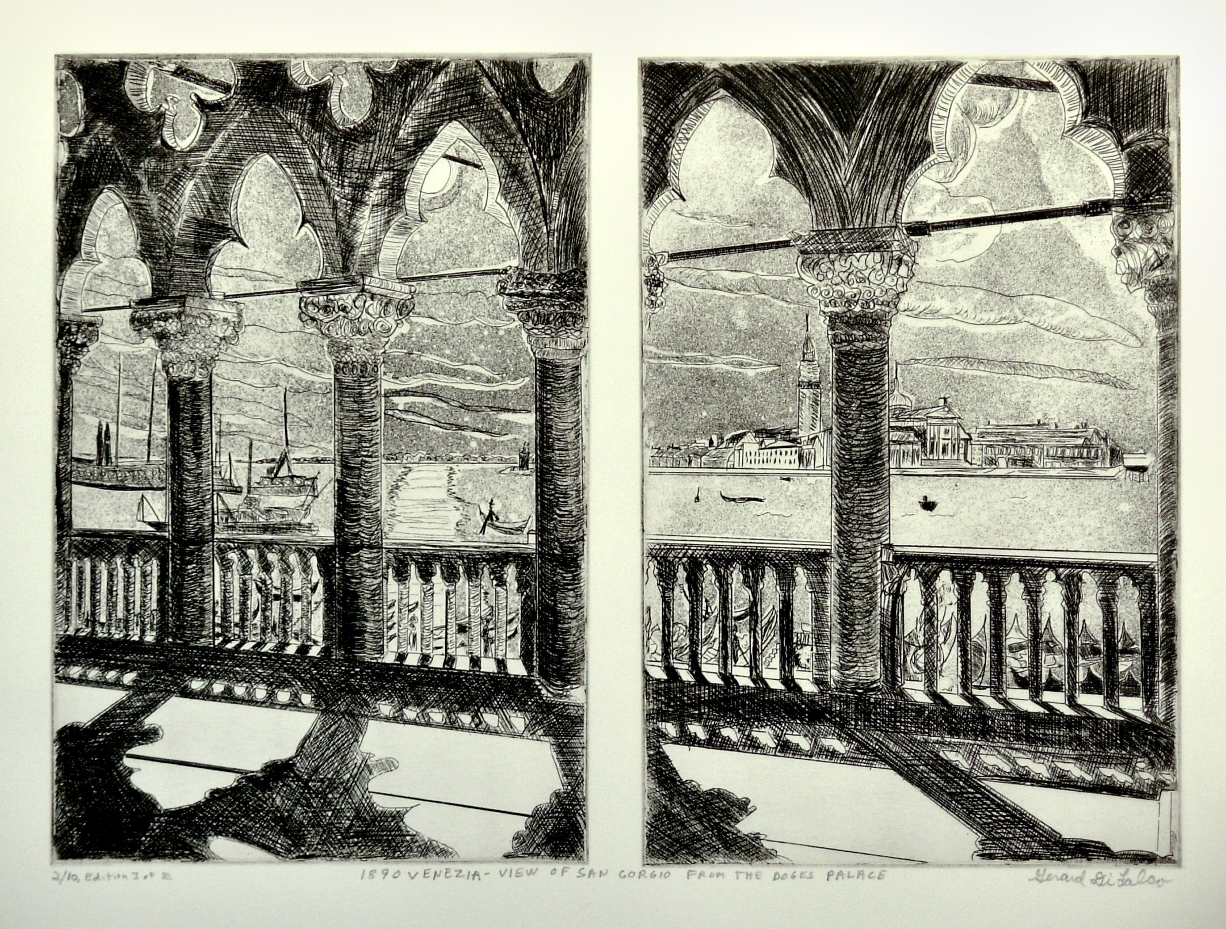 Jerry  Di Falco: 'Venice from the Palace of the Doge', 2011 Intaglio, Landmarks. Title is, 1890 Venice View of San Gorgio from the Palace of the Doge. For this etching I employed the printmaking techniques of intaglio, aquatint, and drypoint and executed the work on two individual zinc plates to constitute one printed image. The scene was adapted from an 1890 photograph in ...