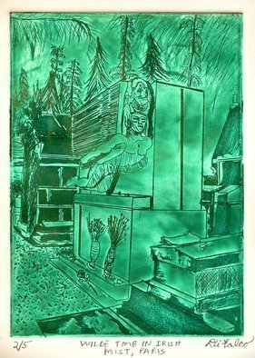 Jerry  Di Falco: 'WILDE TOMB IN THE IRISH MIST OF PARIS', 2016 Intaglio, Death. The zinc plate for this etching measured 7 seven inches high by 5 five inches wide, or 17. 780cm by 12. 700cm, which is the imageaEURtms size. The print measures 12 twelve inches high by 10 ten inches wide, or 30. 480cm x 25. 400cm. This is the Second ...