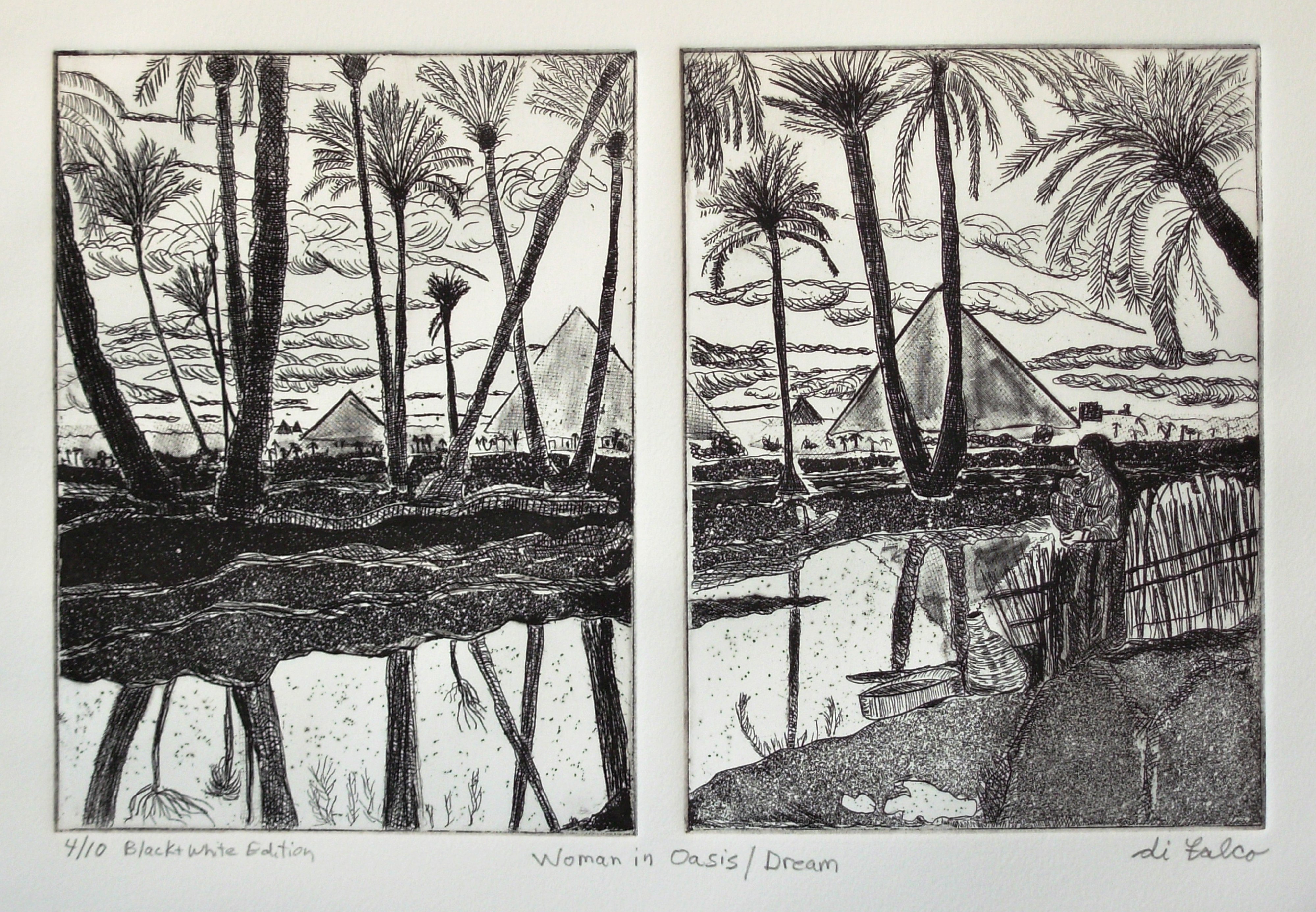 Jerry  Di Falco: 'Woman in Egyptian Oasis in Black and White', 2012 Etching, Landmarks. Woman in Egyptian Oasis in Black and White.  I employed two zinc plates to produce this single image. Part of the reason I use multiple plates relates to the concept of SEEING LIFE THROUGH A WINDOW VIA ART. In other words, a window frame shape entices the viewer to see ...