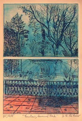 Jerry  Di Falco: 'a fountain in savannah', 2017 Etching, Botanical. This work was printed and published by the artist in 2017 at The Center for Works on Paper, which is on the Philadelphia campus of The Fleisher Art Memorial. The etching was executed on two zinc plates, and DiFalco employed the techniques of Intaglio, Chine colle, Aquatint, and Drypoint. Five ...