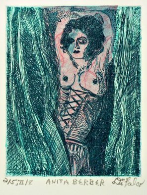 Jerry  Di Falco: 'anita berber two', 2018 Intaglio, nudes. THE PRICE OF THIS ETCHING INCLUDES A BLACK PAINTED WOOD FRAME WITH GLASS AND ACID FREE MAT.  THE FRAME MEASURES FOURTEEN INCHES HIGH BY ELEVEN INCHES WIDE.  THE WHITE MAT CONTAINS A BLACK INNER TRIMMED EDGE.  THE ARTWORK ARRIVES WIRED AND READY TO HANG ON YOUR WALL.  A WALL HOOK ...