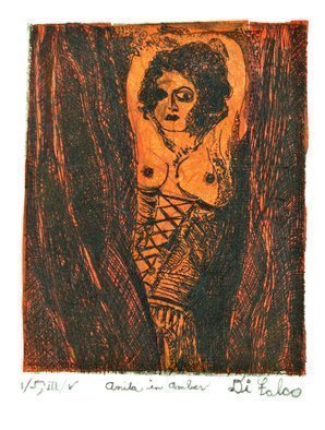Jerry  Di Falco: 'anita in amber', 2018 Etching, Erotic. THE PRICE OF THIS ETCHING INCLUDES A GOLD PAINTED WOOD FRAME WITH GLASS AND ACID FREE MAT.  THE FRAME MEASURES 12 INCHES HIGH BY 9 INCHES WIDE.  THE WHITE MAT CONTAINS A GOLD INNER TRIMMED EDGE.  THE ARTWORK ARRIVES WIRED AND READY TO HANG ON YOUR WALL.  A WALL HOOK ...