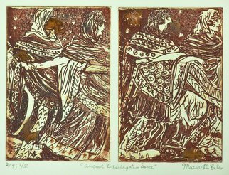 Jerry  Di Falco: 'basilagattan dancers', 2019 Etching, Dance. This impenetrable etching was inspired by an ancient Etruscan fresco depicting a funeral dance.  It was executed on two zinc plates, and each one required six Nitric Acid baths.  All of these hand pulled editions were printed and published by the artist at The Center for Works on Paper in ...