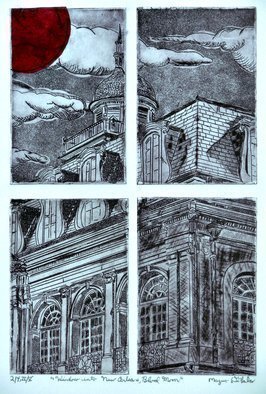 Jerry  Di Falco: 'blood moon', 2019 Etching, Cityscape. Jerry Mazur- DiFalco created this distinctive etching via the employment of four separate zinc plates, which were placed simultaneously on the printing press bedaEUR