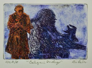 Jerry  Di Falco: 'caligari indigo', 2018 Etching, Expressionism. This work includes an 11 inch high by 14 inch wide black, wood frame and white acid free mat.  TECHNICAL INFORMATION ABOUT THIS WORK.  The studio techniques employed included Intaglio and Chine colle.  The French paper used was RivesBFK white, and the inks employed were oil base, Charbonnel brand, from ...
