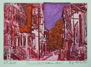 Jerry  Di Falco: 'camac street at night 1950', 2018 Etching, History. PLEASE NOTE THAT THIS WORK INCLUDES A BLACK, WOOD FRAME AND WHITE, ACID FREE MAT.  Jerry Di FalcoaEURtms original etching was created using one zinc plate etched in Nirtic acid.  The work is limited to only FOUR Editions, and each hand printed edition is limited to only FIVE etchings.  ...