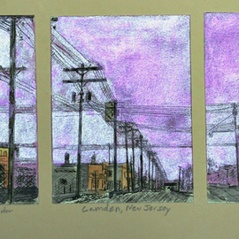 Jerry  Di Falco: 'camden in new jersey', 2020 Other Painting, Cityscape. Artist Description: This unique, original work - - which ships to the buyer with a mat and frame - - combines the genres of printmaking and painting.  This mixed media study started with an earlier printmaking proof, which the artist recently enhanced with gouache and watercolor.NARRATIVEThis scene was based on a snapshot ...