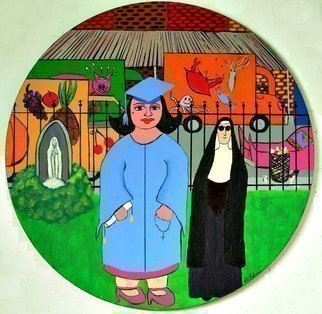 Jerry  Di Falco: 'carmela graduates', 1994 Etching, Zeitgeist. THE FULL TITLE IS CARMELA TANDOaEURtmS GRADUATION FROM OUR LADY OF LITTLE ITALY.  This round painting was executed with acrylics on a primed and wood stretched canvas that measures 20 inches in diameter.  It was a part of Di FalcoaEURtms PHILADELPHIA ITALIAN MARKET SERIES and painted in his aEURoe...