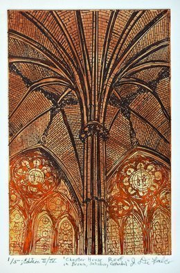 Jerry  Di Falco: 'cathedral house sepia orange', 2017 Etching, Gestalt. Title is Chapter House in Brown at Salisbury Cathedral.  This intaglio etching is the first of four editions each edition is limited to ONLY FIVE etchings per edition.  This original hand- pulled print by the artist was executed in French, colored oil- based etching inks on Rives BFK white paper, ...