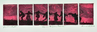 Jerry  Di Falco: 'dance', 2018 Etching, Movies. Please note that this particular etching is sold with a mat AND FRAME.  Frame SIZE GIVEN BELOW.  This SIX PLATE etching takes its inspiration from the Ingmar Bergman film, THE SEVENTH SEAL.  The techniques used include intaglio, drypoint, and aquatint.  The work is executed in a rich black oil base ...