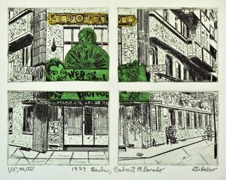 Jerry  Di Falco: 'el dorado cabaret berlin', 2017 Etching, Theater. THE PRICE OF THIS ETCHING INCLUDES A BLACK PAINTED WOOD FRAME WITH GLASS AND ACID FREE MAT.  THE FRAME MEASURES 11 INCHES HIGH BY 14 INCHES WIDE.  THE WHITE MAT CONTAINS A BLACK INNER TRIMMED EDGE.  THE ARTWORK ARRIVES WIRED AND READY TO HANG ON YOUR WALL, AND A WALL ...