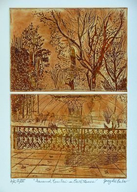 Jerry  Di Falco: 'fountain in earth tones', 2017 Etching, Scenic. This work was printed and published by the artist in 2017 at The Center for Works on Paper, which is on the Philadelphia campus of The Fleisher Art Memorial. The etching was executed on two zinc plates, and DiFalco employed the techniques of Intaglio, Aquatint, and Drypoint. Five separate baths ...