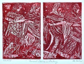 Jerry  Di Falco: 'funeral dance in rasberry', 2019 Etching, Ethereal. This impenetrable etching was inspired by an ancient Etruscan fresco depicting a funeral dance.  It was executed on two zinc plates, and each one required six Nitric Acid baths.  All of these hand pulled editions were printed and published by the artist at The Center for Works on Paper in ...