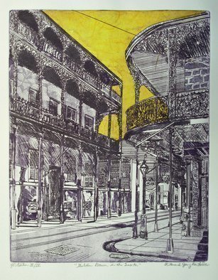 Jerry  Di Falco: 'golden dawn in the quarter', 2017 Etching, Architecture. Di FalcoaEURtms original etching was inspired by a 1937 photograph by Francis Benjamin Johnson, born in 1864 and died in 1952, one of the first US women to gain success as a photographer.  JohnsonaEURtms original negative is catalogued in the US Library of Congress, in Washington DC.  It ...