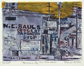 Jerry  Di Falco: 'hurricane sky', 2019 Etching, Cityscape. Title is Hurricane Sky New Orleans Dream.  This zinc plate etchingintaglio aquatint drypointrequired three separate Nitric acid baths and plate re- workings.  The image sizesize of the etching plateis six inches high by eight inches wide.  The frame is 11 by 14 inches.THIS PRICE INCLUDES 1THE MATTED ETCHING IN ...
