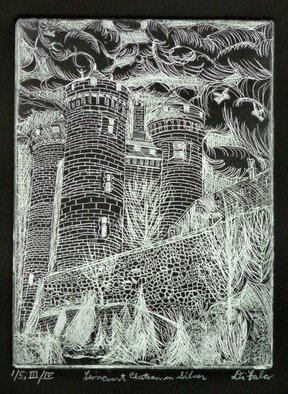 Jerry  Di Falco: 'lioncourt chateau in silver', 2017 Etching, Famous People. This etching, entitled Chateau de Lioncourt in France, is based on an architectural work from the south of France in the Upper Auvergne region.  However, the title refers to a fictitious castle in Anne RiceaEURtms, Interview with a Vampire, series.  This building was photographed by the artist in 1987, ...