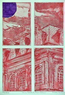 Jerry  Di Falco: 'luna violeta', 2019 Intaglio, Representational. Jerry DiFalco created this distinctive etching via the employment of four separate zinc plates, which were placed simultaneously on the printing press bed, two etching plates over two, in order to produce this single image.  The scene features an historic building in New Orleans called THE CALBILDO.  Moreover, the DiFalco ...