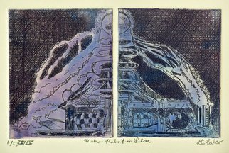 Jerry  Di Falco: 'metro robot in lilac', 2017 Etching, Fantasy. This intaglio and dry point etching is the SECOND of FOUR editions. It was hand printed and published by the artist in Philadelphia, Pennsylvania, The etchig was executed in three oil based, colored etching inks from Paris, France, on cream colored STONEHENGE paper from England. The work is the second ...