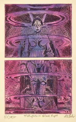 Jerry  Di Falco: 'metropolic in black light', 2017 Etching, Movies. This intaglio and drypoint etching, executed in a blend of four colored oil based inks on Stonehenge cream colored paper, was inspired by the silent German film METROPOLIS. I etched the work on two separate zinc plates that each measured four inches high by five inches wide, or 10. 160 ...