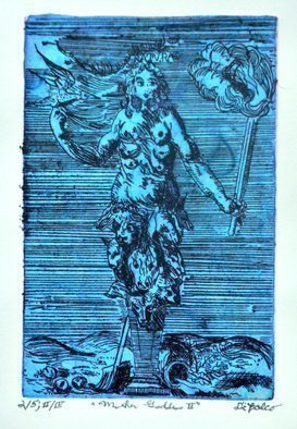 Jerry  Di Falco: 'mother goddess two', 2020 Etching, Nature. This intaglio and aquatint etching- - EDITION II of IV, PRINT NUMBER 1 of 5- - was inspired by an engraving by Philips Galle who was born in Haarlem in the Netherlands.  DiFalco employed a zinc plate that was etched in three Nitric acid bathsmoreover, the plate measured six inches high by ...