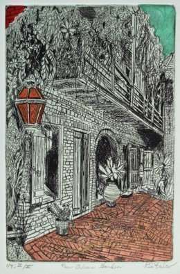 Jerry  Di Falco: 'new orleans garden', 2017 Etching, Garden. Inspired by an archived photo from the US Library of Congress of New Orleans French Quarter in 1890.  This is one of about twelve etchings in my BIG EASY series, a group of works that examines the architecture, history and culture of old and contemporary New Orleans.  French etching ink ...
