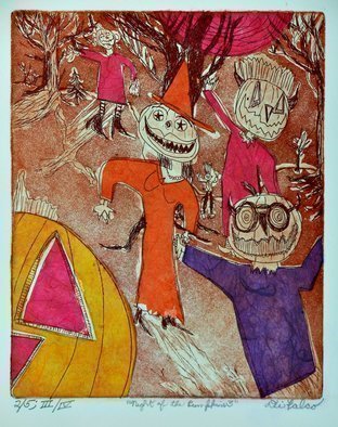 Jerry  Di Falco: 'night of the pumpkins three', 2018 Etching, Holidays. THIS ETCHING IS SOLD WITH BOTH A FRAME, 16 INCHES WIDE BY 20 INCHES HIGH, AND MAT.  THE BLACK WOOD FRAME INCLUDES AN ACID FREE, WHITE MAT.  THE ARTWORK ARRIVES WIRED AND READY TO HANG.  This original, hand printed etching is a continuation of artworks that I executed from 1996 ...