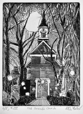 Jerry  Di Falco: 'old swedes church philadelphia', 2020 Etching, Architecture. This etching was based on my original drawings made from a family photograph taken by my Great- Great Maternal Aunt Victoria who lived on AlfredaEURtms Alley in Philadelphia.  She shot the black and white photo between 1938 and 1940 with a 35mm Kodak camera at night in mid- winter ...