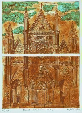 Jerry  Di Falco: 'orvieto cathedral in october', 2017 Etching, Architecture. Price includes a gold painted wood and glass frame with archival mat.  Shipment carton and packing is also included.  The studio techniques used to produce this etching were aquatint and intaglio.  This work is from the first edition.  Three limited editions of four prints were published.  This work is executed ...