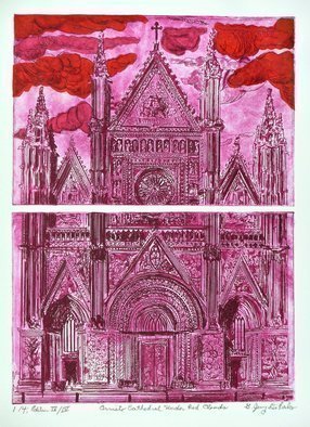 Jerry  Di Falco: 'orvieto under red clouds', 2017 Etching, Culture. The studio techniques used to produce this etching were aquatint Chine colle, and intaglio.  Three limited editions of four prints were published.  This work is executed on two zinc plates, each measuring six inches high by nine inches wide, or 15. 240cm by 22. 860cm.  This makes the printed image ...