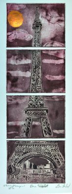 Jerry  Di Falco: 'paris in violet', 2020 Other Painting, Landmarks. FRAME measures about 26 inches high by 12 inches wide.  This work incorporates the genres of printmaking and painting.  It is an etching that was enhanced with gouache and watercolors.  The media for this multiple zinc plate etching includes RivesBFK paper, a blend of oil based ink.  shand- dyed mulberry ...