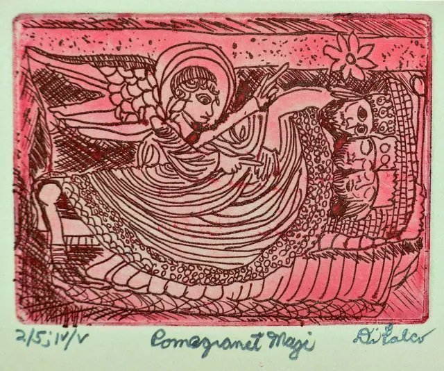 Jerry  Di Falco: 'pomegranate magi', 2019 Etching, New Age. This etching depicts a Romanesque stone carving from the Cathedral of Saint Lazare in Autun, France.  Di Falco based his work on a slide he photographed in 1987 to use in his art history lectures.  He projected the slide directly onto blank white paper and created two individual drawings on ...