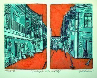 Jerry  Di Falco: 'rondezvous in emerald city', 2018 Etching, Romance. PLEASE NOTE THAT THIS WORK INCLUDES A BLACK WOOD FRAME AND WHITEARCHIVAL MAT.  The frame measures 11 inches high by 15 inches wide.  This etching is Print Number TWO of FIVE from the THIRD of FOUR Editions and employs two zinc plates to create one image.  I incorporated the studio ...