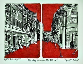 Jerry  Di Falco: 'rondezvous in red', 2018 Etching, Urban. PLEASE NOTE THAT THIS WORK INCLUDES A BLACK WOOD FRAME AND WHITEARCHIVAL MAT.  The frame measures 11 inches high by 14 inches wide.  This etching, from the 1st of 4 Editions, employs two zinc plates to create one printed image.  I incorporated the studio techniques of Aquatint, intaglio, Chine colle, ...