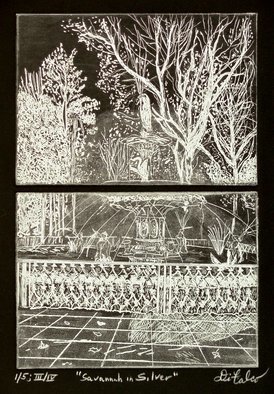 Jerry  Di Falco: 'savannah fountain in silver', 2017 Etching, Garden. This work was printed and published by the artist in 2017 at The Center for Works on Paper, which is on the Philadelphia campus of The Fleisher Art Memorial. The etching was executed on two zinc plates, and DiFalco employed the techniques of Intaglio, Aquatint, and Drypoint. Five separate baths ...