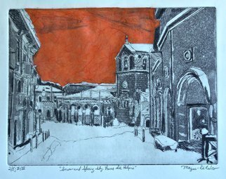 Jerry  Di Falco: 'snow and spring sky', 2021 Etching, Rural. The full title is SNOW AND SPRING SKY IN LAMA DEI PELIGNI.  A blend of oil based, French inks were employed in this etching, which was printed on RivesBFK white paper.  The techniques of intaglio and Chine colle combine to give this winter scene a poignant mood.  The work, printed ...