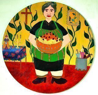 Jerry  Di Falco: 'sunday with mama tando', 1994 Etching, Humor. This round painting was executed with acrylics on a primed and wood stretched canvas that measures 20 inches in diameter.  It was a part Di FalcoaEURtms PHILADELPHIA ITALIAN MARKET SERIES and painted in his aEURoecartoonisticaEUR style, developed in 1981 when he worked in New York CityaEURtms Lower East ...