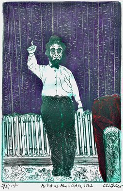 Jerry  Di Falco: 'the artist as abe', 2018 Etching, Mask. THE PRICE OF THIS MATTED ETCHING INCLUDES A FRAME THAT MEASURES 16 INCHES HIGH BY 11 INCHES WIDE.  THE PAINTED BLACK, WOOD AND GLASS FRAME INCLUDES AN ACID FREE, WHITE MAT.  MOREOVER, THE ARTWORK ARRIVES WIRED AND READY TO HANG ON YOUR WALL.  This etching is based on a 1962, ...