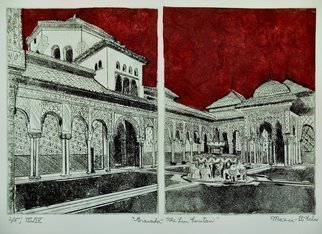 Jerry  Di Falco: 'the lion fountain in granada', 2019 Etching, Landmarks. This lyrical and haunting etching in diptych format employed the studio techniques of intaglio, drypoint, chine colle, and aquatint on two individual zinc plates.  I photographed this scene in October 1987 while traveling around the south of Spain.  The scene features Moorish Fountain of The Lions at The Alhambra in ...