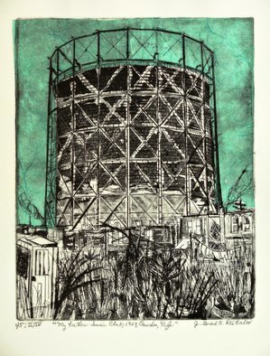 Jerry  Di Falco: 'the swim club 1929 camden nj', 2017 Etching, Cityscape. Second Edition of Four.   The actual title is and was My Fathers Country and Yacht Club, 1929, in the Italian U.  S.  Ghetto of Camden, New Jersey.   Media includes oil based French inks, a mix of three colors, and RivesBFK white paper, also French.   Studio techinques include intaglio, aquatint, Chine ...
