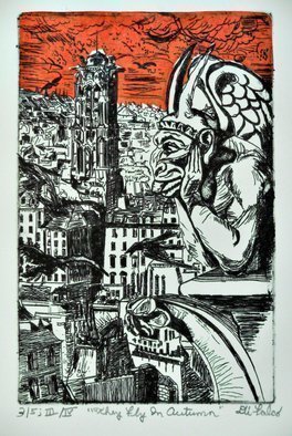 Jerry  Di Falco: 'they fly in autumn', 2018 Etching, Outsider. NOTE THAT THIS ETCHING ARRIVES TO THE BUYER ALREADY MATTED AND FRAMED UNDER GLASS, READY TO HANG.  THE 16 INCH HIGH BY 12 INCH WIDE FRAME IS WOOD AND PAINTED BLACK.  THE MAT IS ACID FREE AND WHITE.  This features a gargoyle over turn of the last century Paris.  The ...