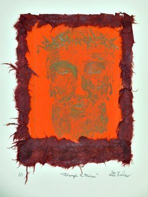 Jerry  Di Falco: 'through a mirror', 2019 Etching, Christian.  Printmaking Etching, Monotype, Ink, Paper and Acrylic on Paper, SoftYarn, Cotton, Fabricand Other.  NOTE- - THE PRICE INCLUDES THE MATTED ETCHING IN AN ARCHIVAL MATA FRAME12 inch x 15 inch, Type aEUR