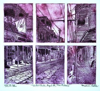 Jerry  Di Falco: 'violet ghosts of royal street', 2019 Intaglio, Atmosphere. The artist, Jerry Di Falco, created this etching by using six zinc plates, all placed on the pressthree above threeto produce one single image.  Each plate size measured 3 inches wide, 7. 6200cm, by 4 inches high, 10. 160cm, and the etching plates were separated by a space of approximately ...