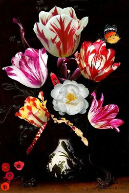 Gerry Chapleski: 'still life with tulips', 2023 Digital Print, Floral. Digital print on canvas stretched over a wooden frame. Also available in a smaller size 39  x 59 ...