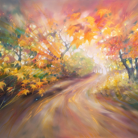 Gill Bustamante: 'autumn magic', 2023 Ink Painting, Landscape. Artist Description: Autumn Magic is a large semi abstract autumn inspired oil painting which shows a glowing path through vibrantly coloured autumn trees. It has a magical and enticing feeling to it. It is 60x36x2 inches. The painting was made after many walks I took in and around Sussex during ...