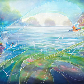 Gill Bustamante: 'destiny unfolds', 2023 Oil Painting, Abstract Landscape. Artist Description: Destiny unfolds a kingfisher romance is a wide panoramic oil painting in a vibrant, colourful, magical realism style of two kingfishers by a river. From the left we see a beautiful kingfisher rising out of the water scattering droplets of lines of energy as she flies upwards towards ...