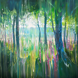 Gill Bustamante: 'the ancient spell', 2023 Oil Painting, Abstract Landscape. Artist Description: The Ancient Spell is a semi abstract magical landscape painting of the view through a woodland to a ridge of hills beyond. It is 36x30x1. 5 inches oil on canvas. Under the trees you can see a hint of foxgloves and other wildflowers and the leaves of the ...