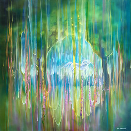 Gill Bustamante: 'the secret unicorn', 2023 Oil Painting, Abstract Landscape. Artist Description: The Secret Unicorn is a colourful romantic semi- abstract painting of a dappled white horse in an unashamedly magical landscape. It is 30x30x1. 5 inches. The painting shows a white dappled horse swishing her tail and looking as if she just materialized out of nowhere. The setting hints ...