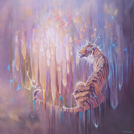 Gill Bustamante: 'tiger in the ether', 2023 Oil Painting, Animals. Artist Description: Tiger in the Ether is a 40x40x1. 5 inches purple oil painting of a semi- abstract art- nouveau style tiger against an abstract background. The style is slightly art nouveau and makes use of the complementary colours of purple with yellow and orange with blue which makes the ...