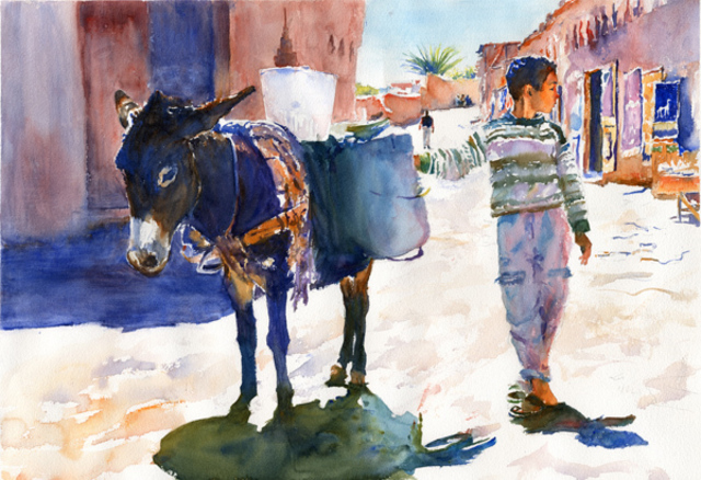 Gilles Durand  'Bringing Water Home Ait Ben Haddou Morocco', created in 2008, Original Watercolor.